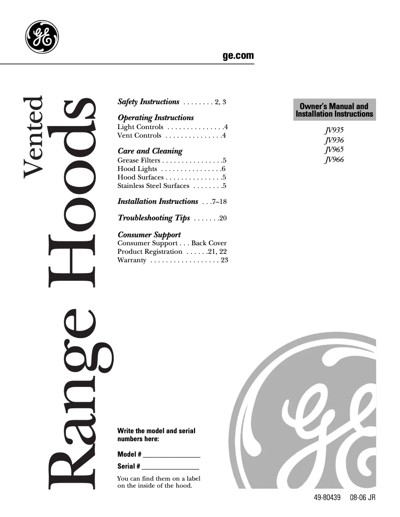 Page 1 of the manual Installation Guide GE Profile JV935DBB