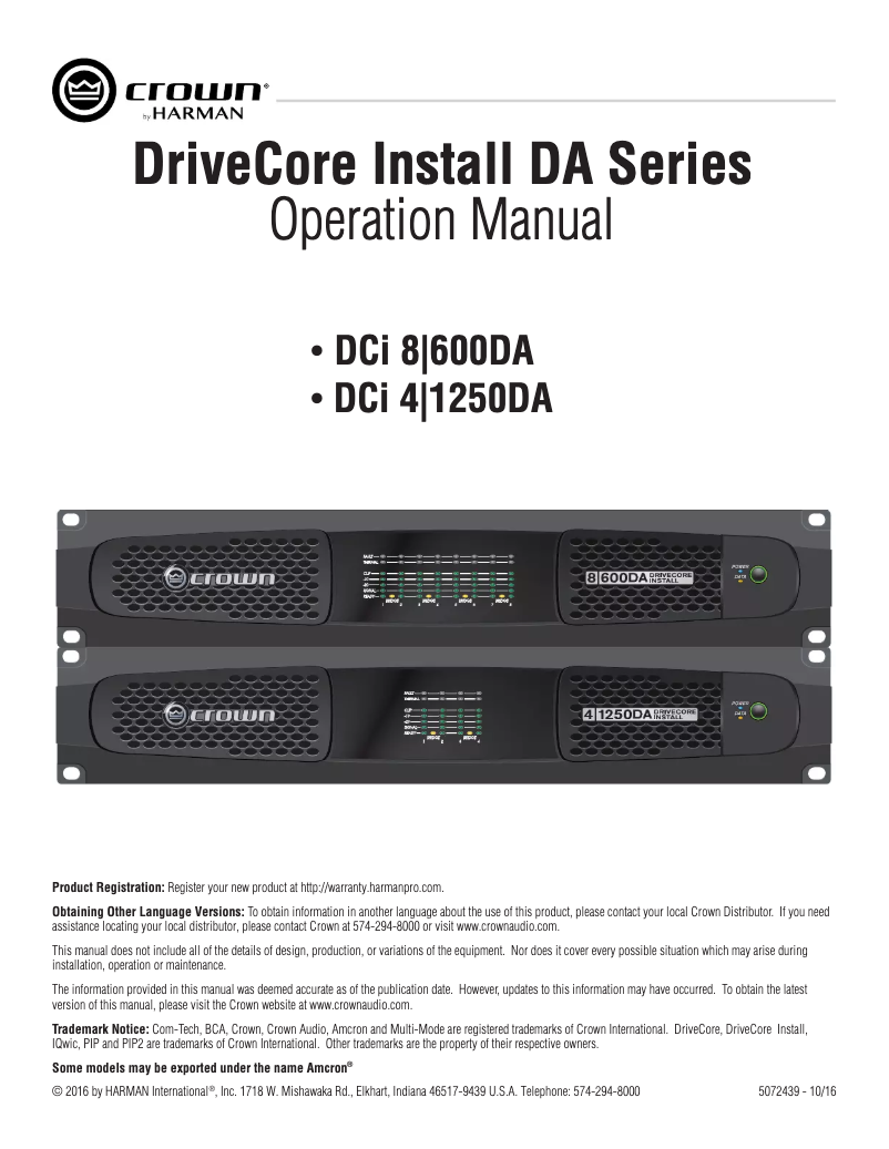 Page n°1 - Manuel utilisateur Crown DriveCore Install DCi 4|1250DA