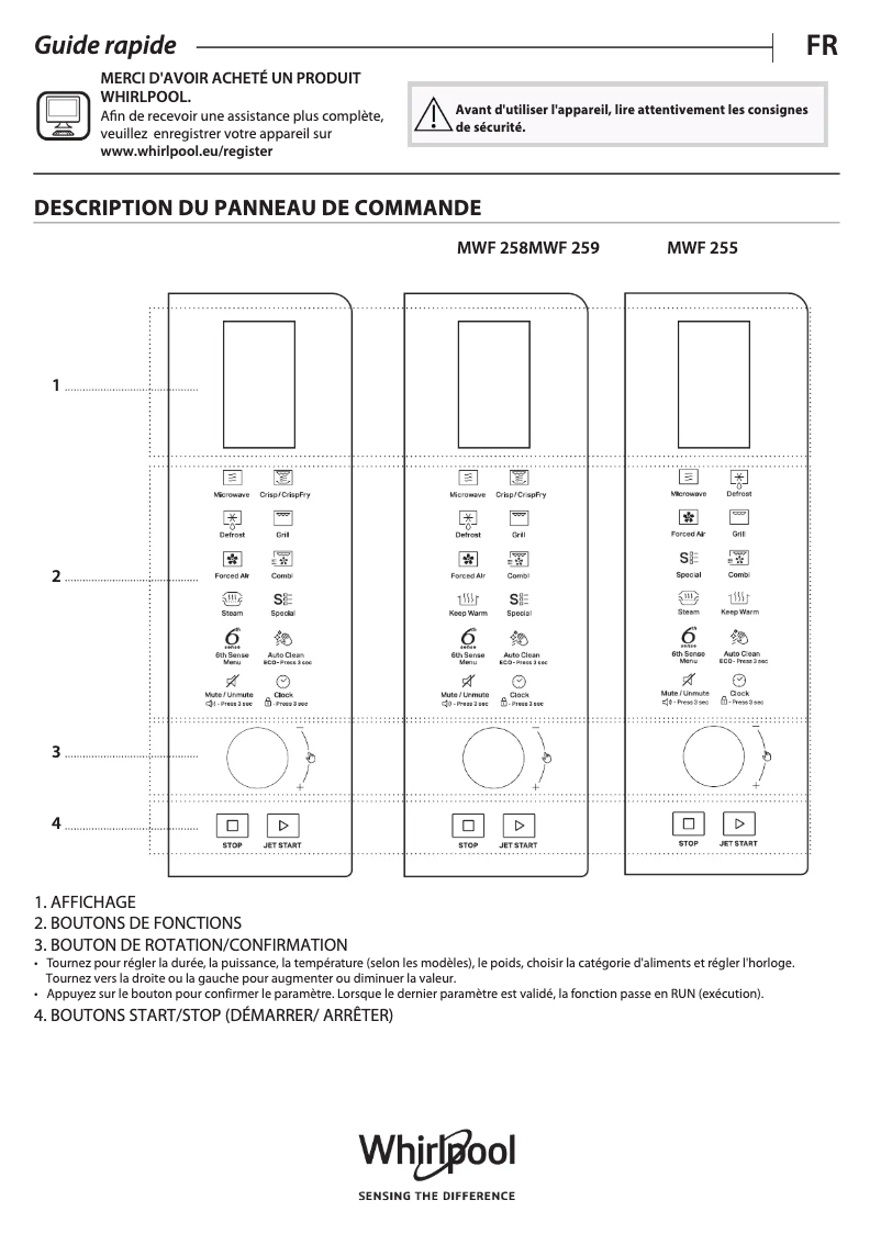 Page 1 de la notice Manuel utilisateur Whirlpool MWF 255