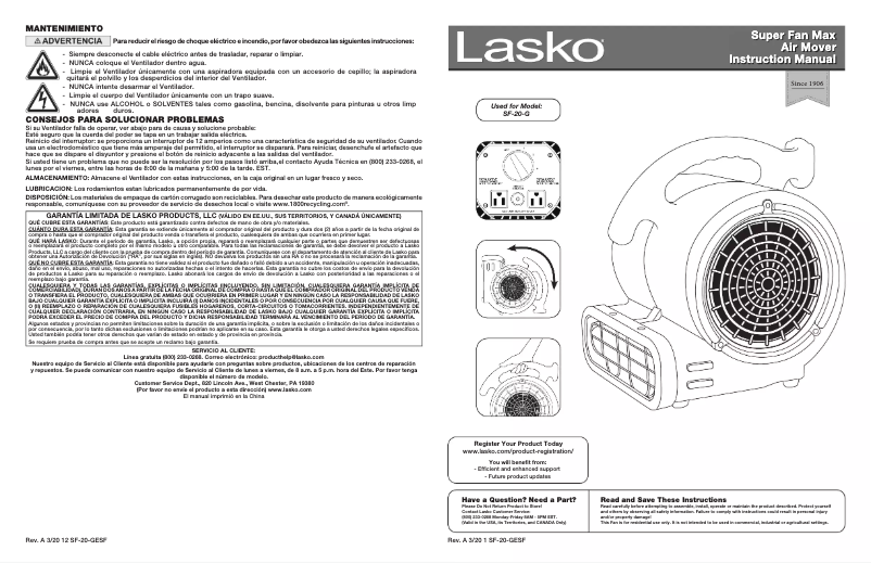 Page 1 de la notice Manuel utilisateur Lasko SF-20-G