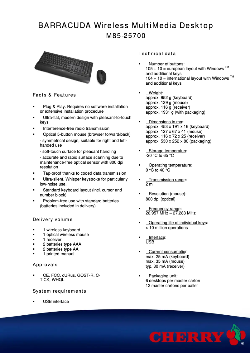 Page 1 de la notice Fiche technique Cherry eVolution BARRACUDA