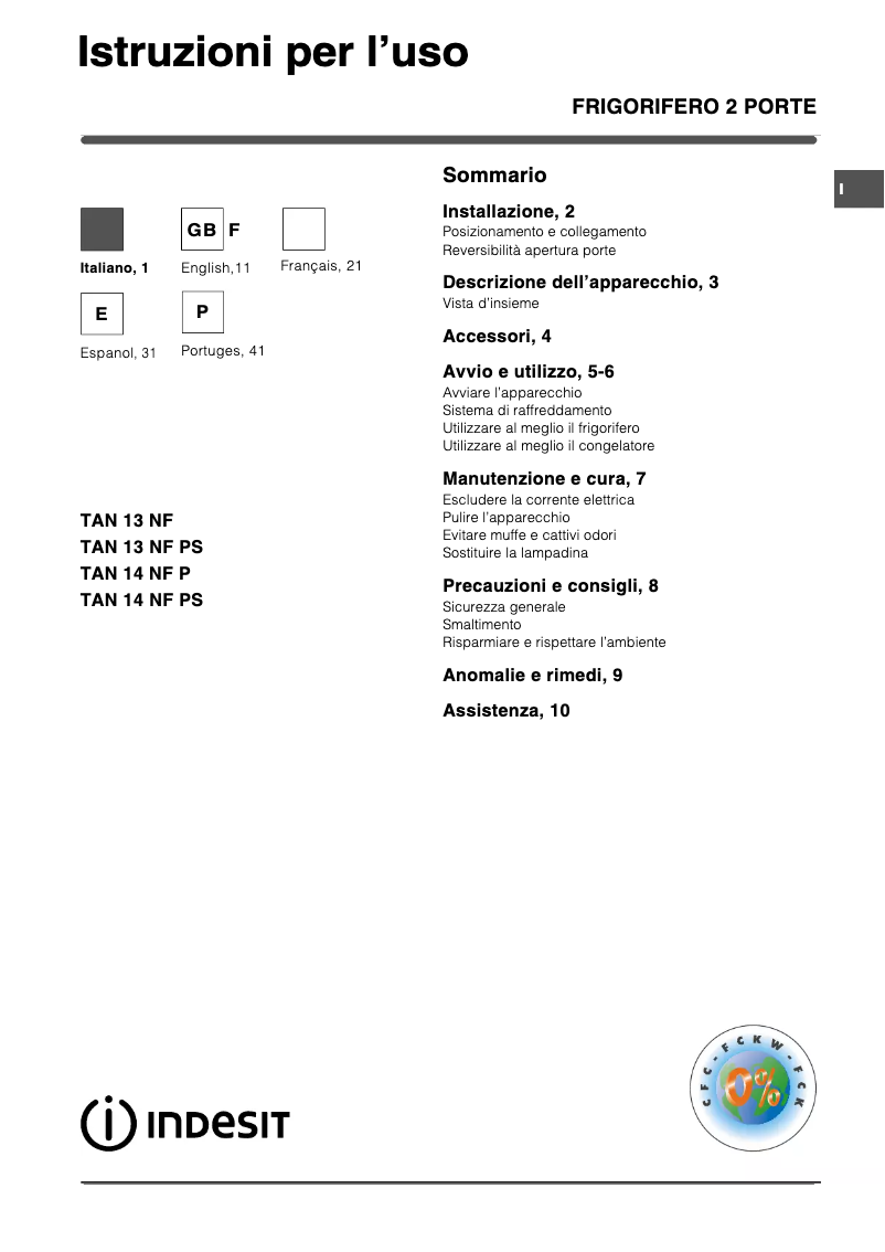 Page 1 de la notice Manuel utilisateur Indesit TAN 13 NF