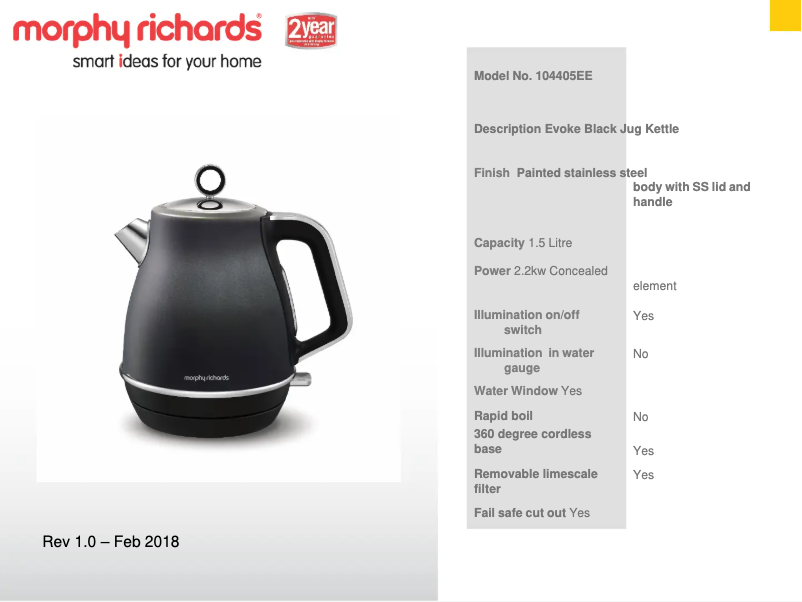 Page 1 de la notice Fiche technique Morphy Richards Evoke 104405