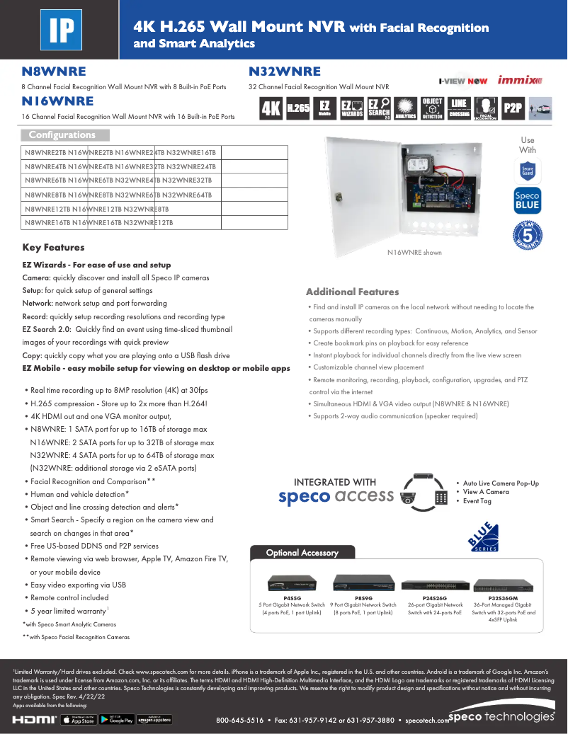 Page 1 de la notice Fiche technique Speco Technologies N8WNRE