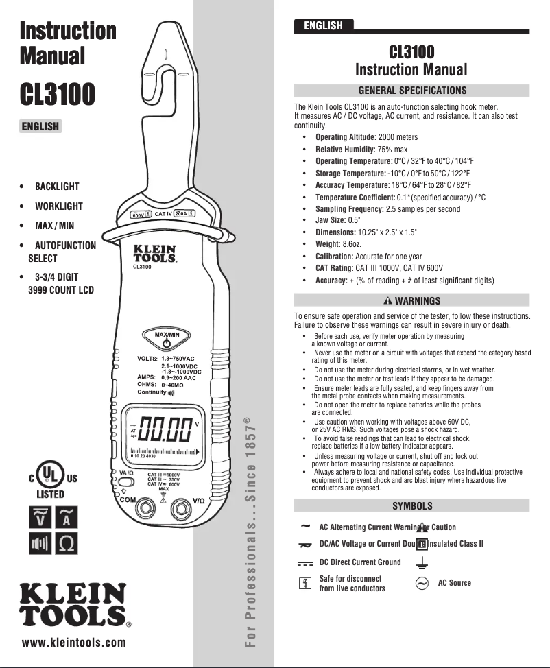Page n°1 - Manuel utilisateur Klein Tools CL3100