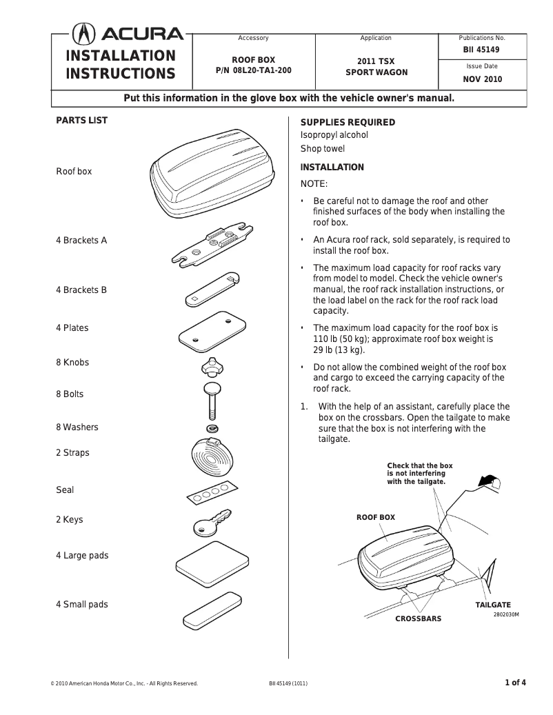 Image de la première page du manuel de l'appareil Roof Box P/N 08L20-TA1-200
