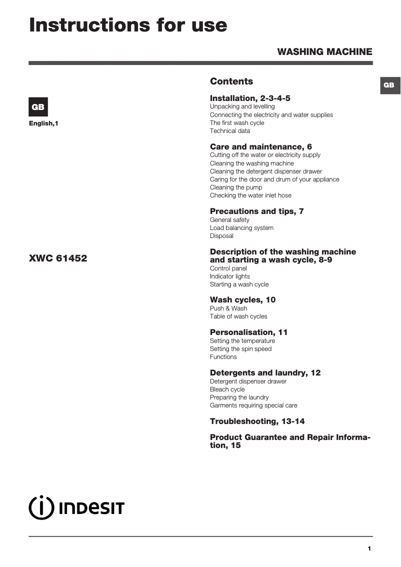 Página 1 del manual Manual de usuario Indesit XWC 61452 S UK