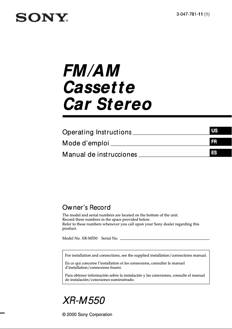 Page 1 de la notice Manuel utilisateur Sony XR-M550