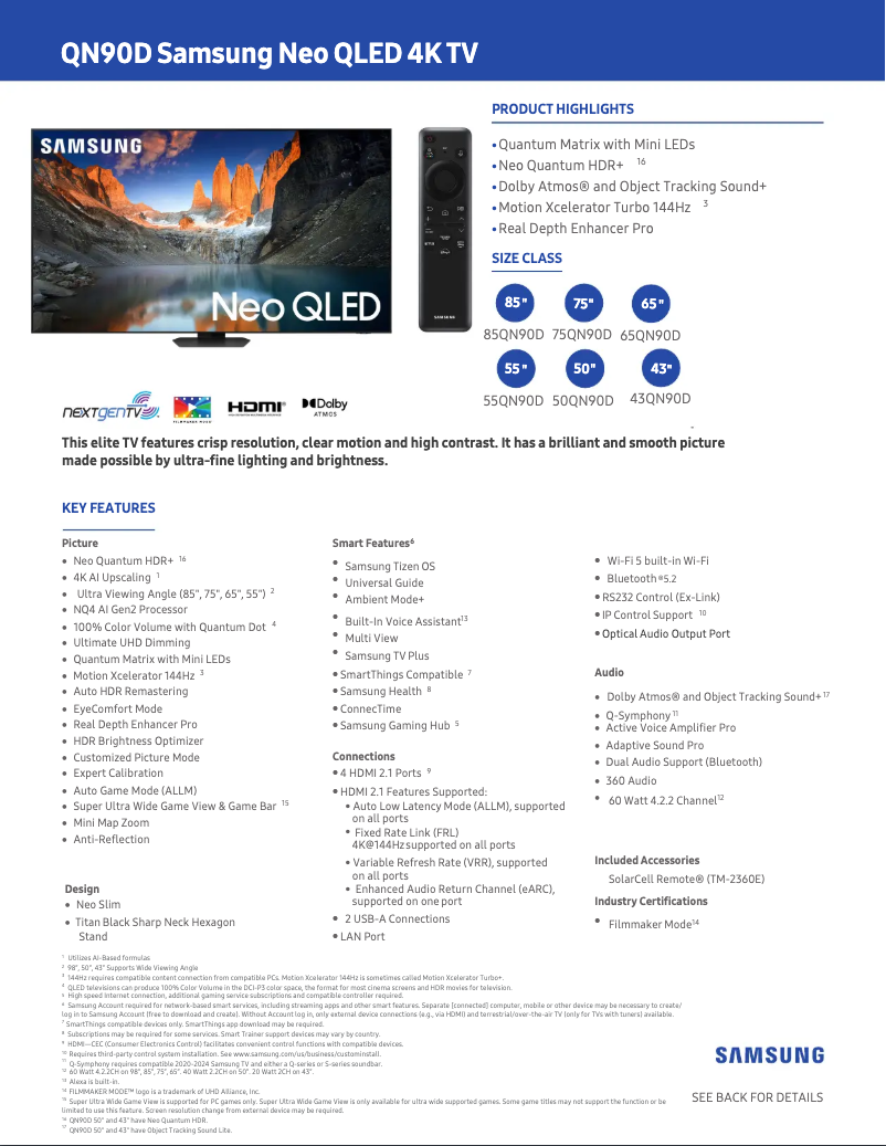 Page 1 de la notice Fiche technique Samsung QN55QN90DAF