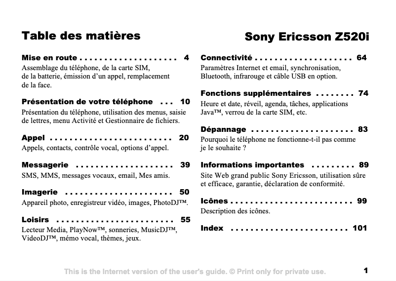 Page 1 de la notice Manuel utilisateur Sony Ericsson Z520i