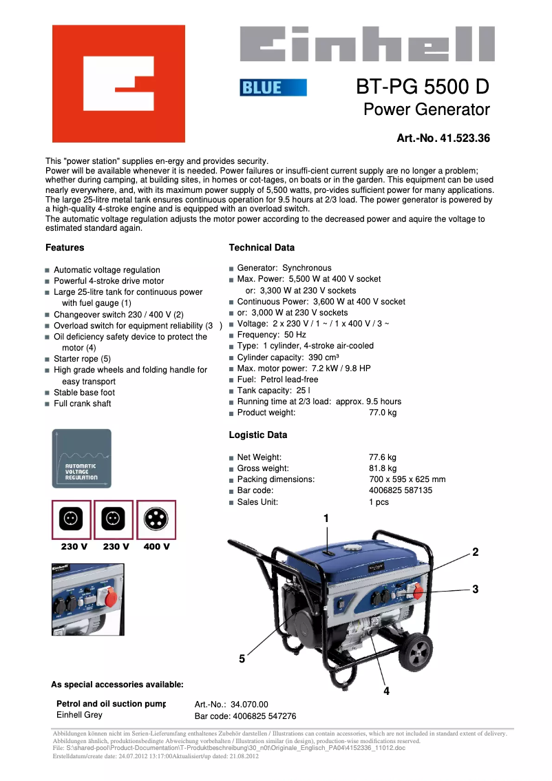 Page 1 de la notice Manuel utilisateur Einhell BT-PG 5500 D