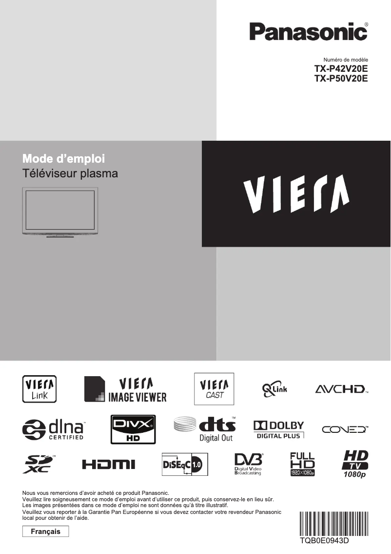 Page 1 de la notice Manuel utilisateur Panasonic TX-P50V20E