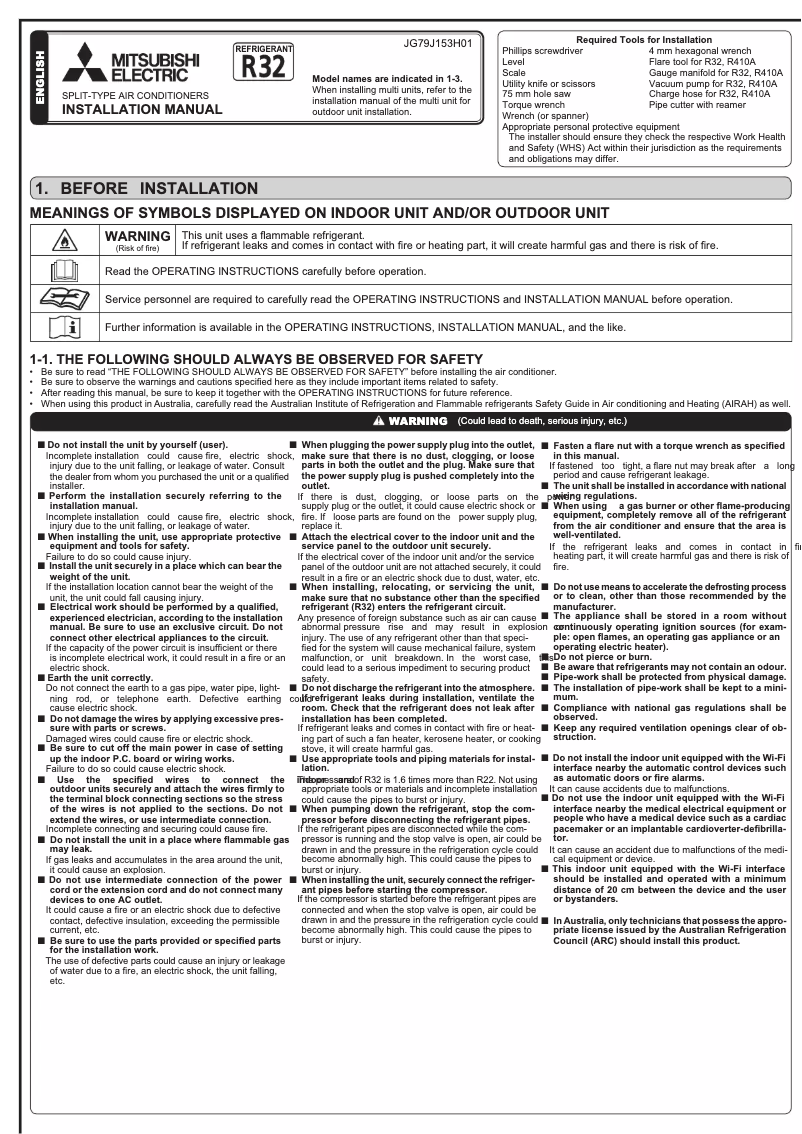 Page 1 de la notice Guide d'installation Mitsubishi MSZ-AS90VG
