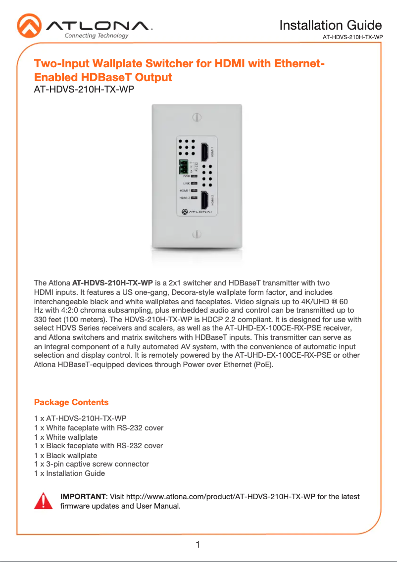 Page n°1 - Guide d'installation Atlona AT-HDVS-210H-TX-WP-KIT