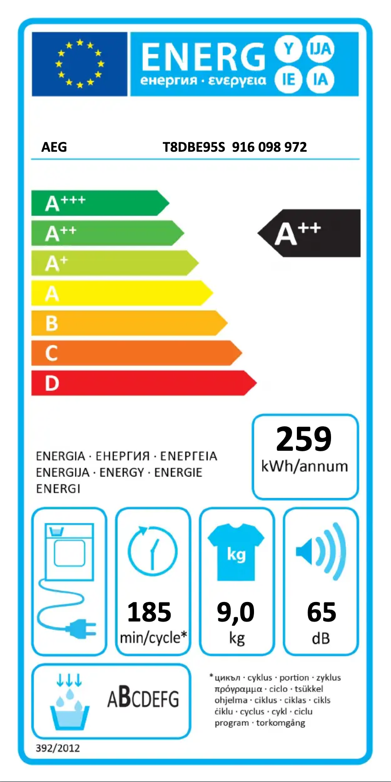 Page n°1 - Label énergétique AEG T8DBE95S