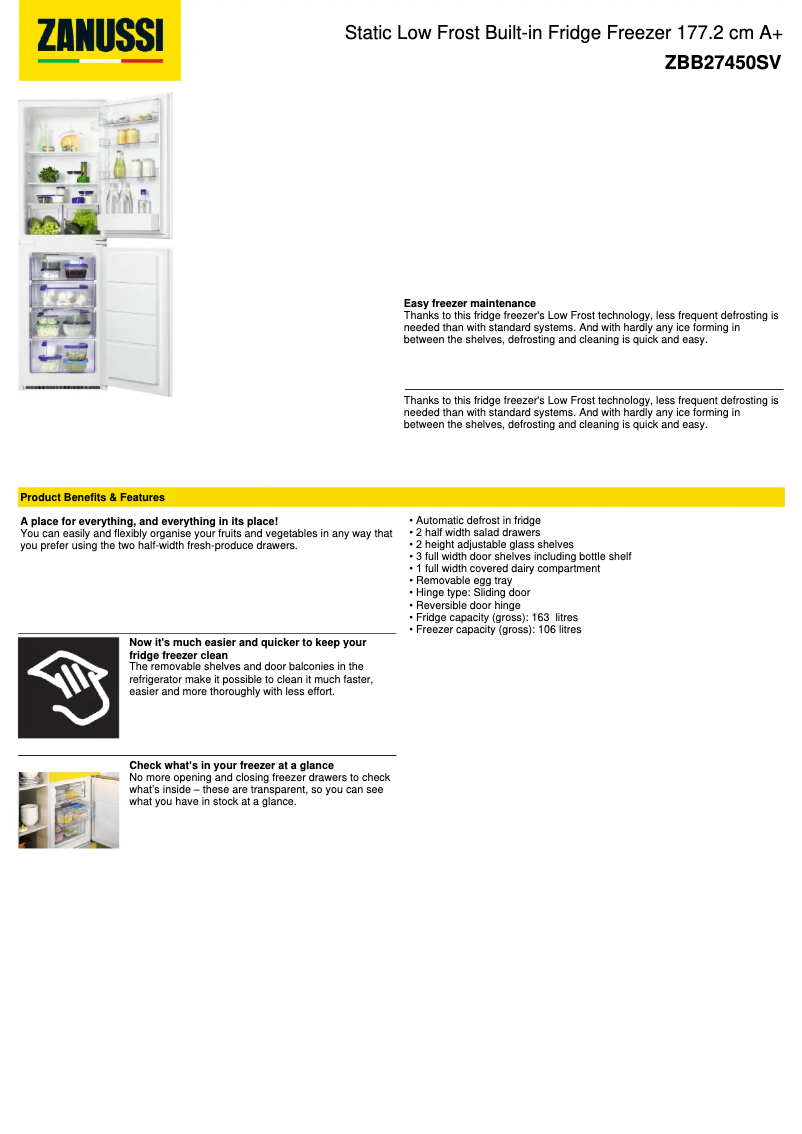 Page 1 de la notice Fiche technique Zanussi ZBB27450SV