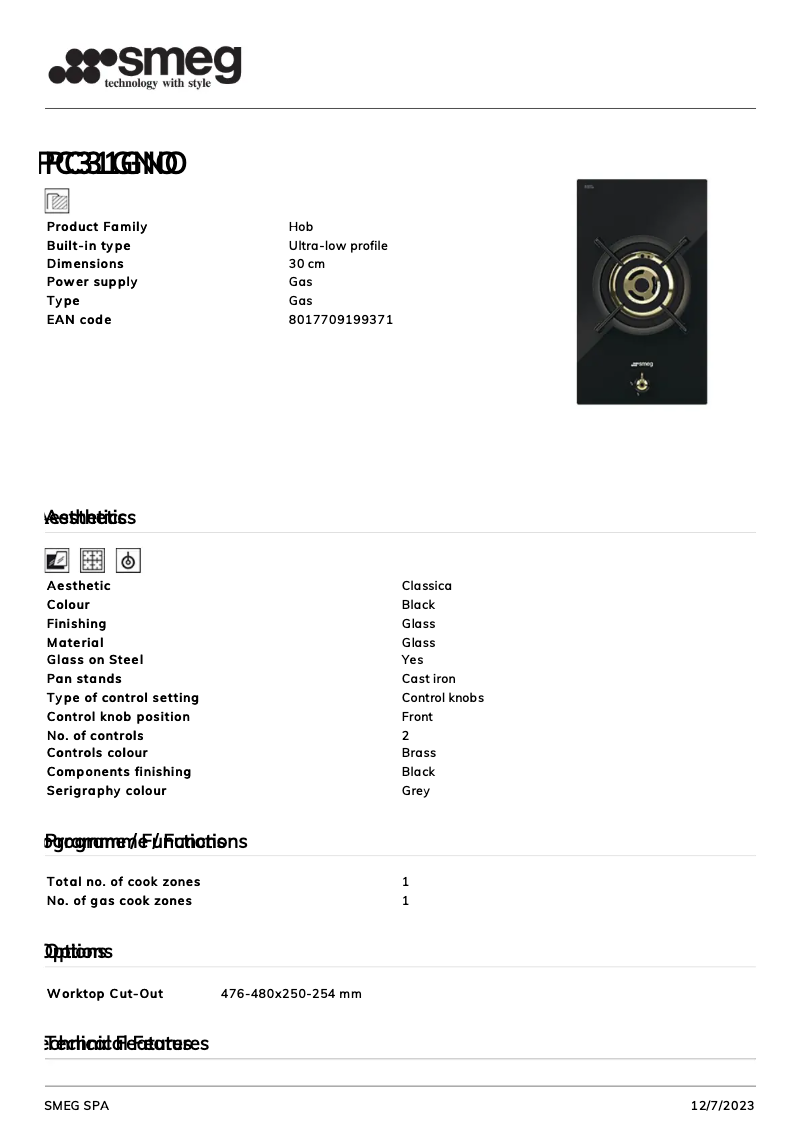 Page 1 de la notice Fiche technique Smeg PC31GNO