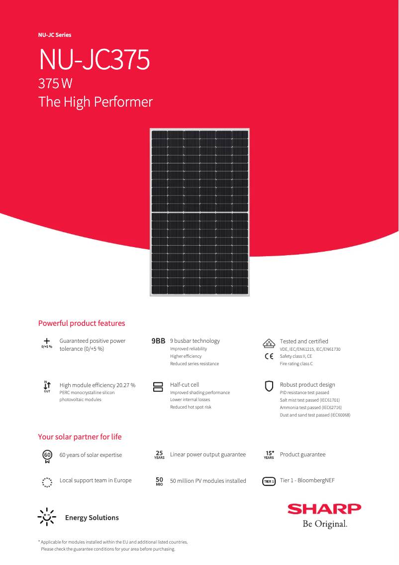 Page 1 de la notice Fiche technique Sharp NUJC375