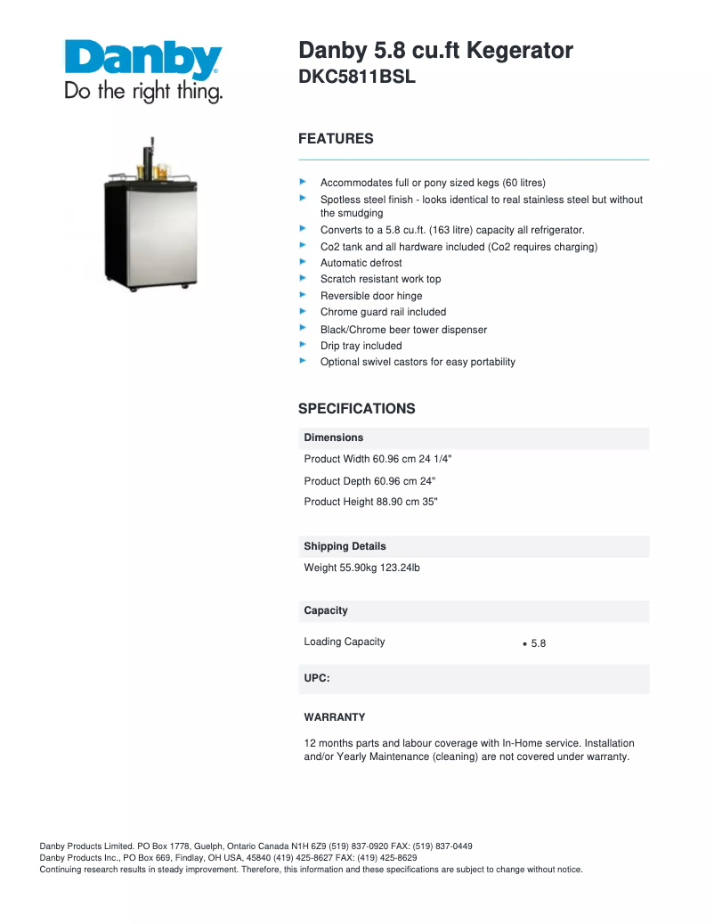 Page 1 de la notice Fiche technique Danby DKC5811BSL