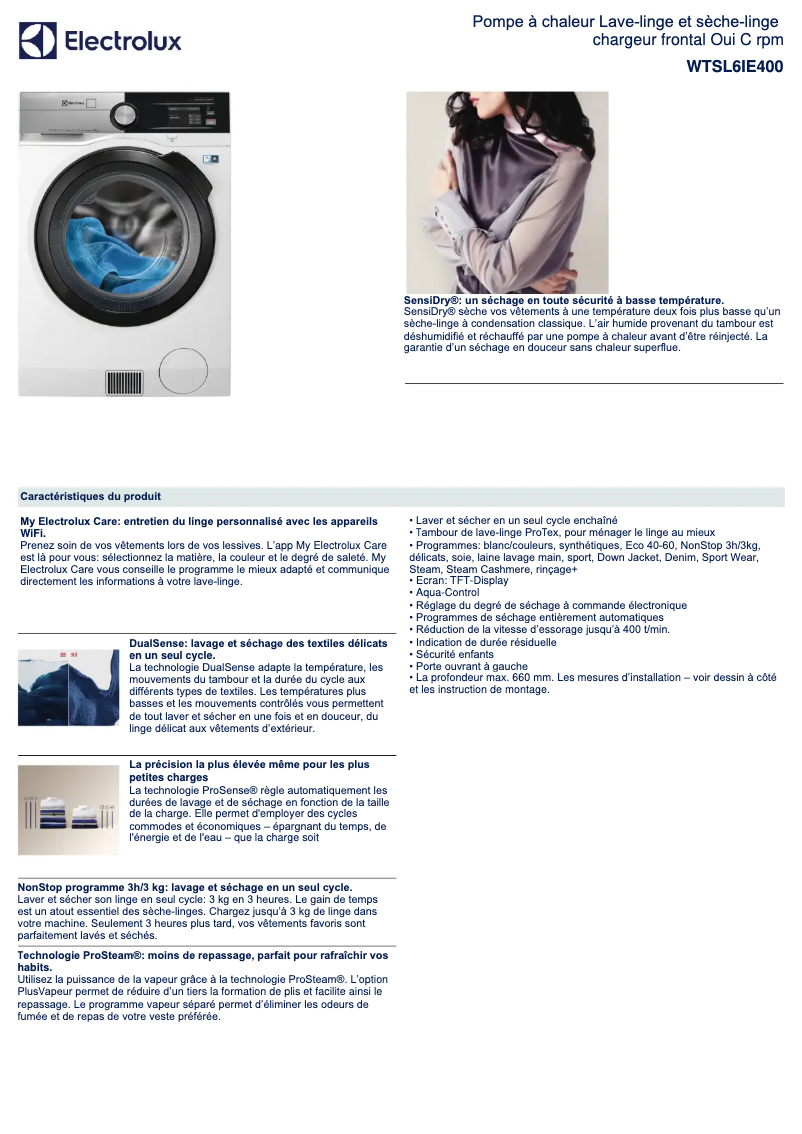Page 1 de la notice Fiche technique Electrolux WTSL6IE400