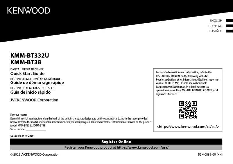 Page 1 de la notice Guide de démarrage rapide Kenwood KMM-BT332U