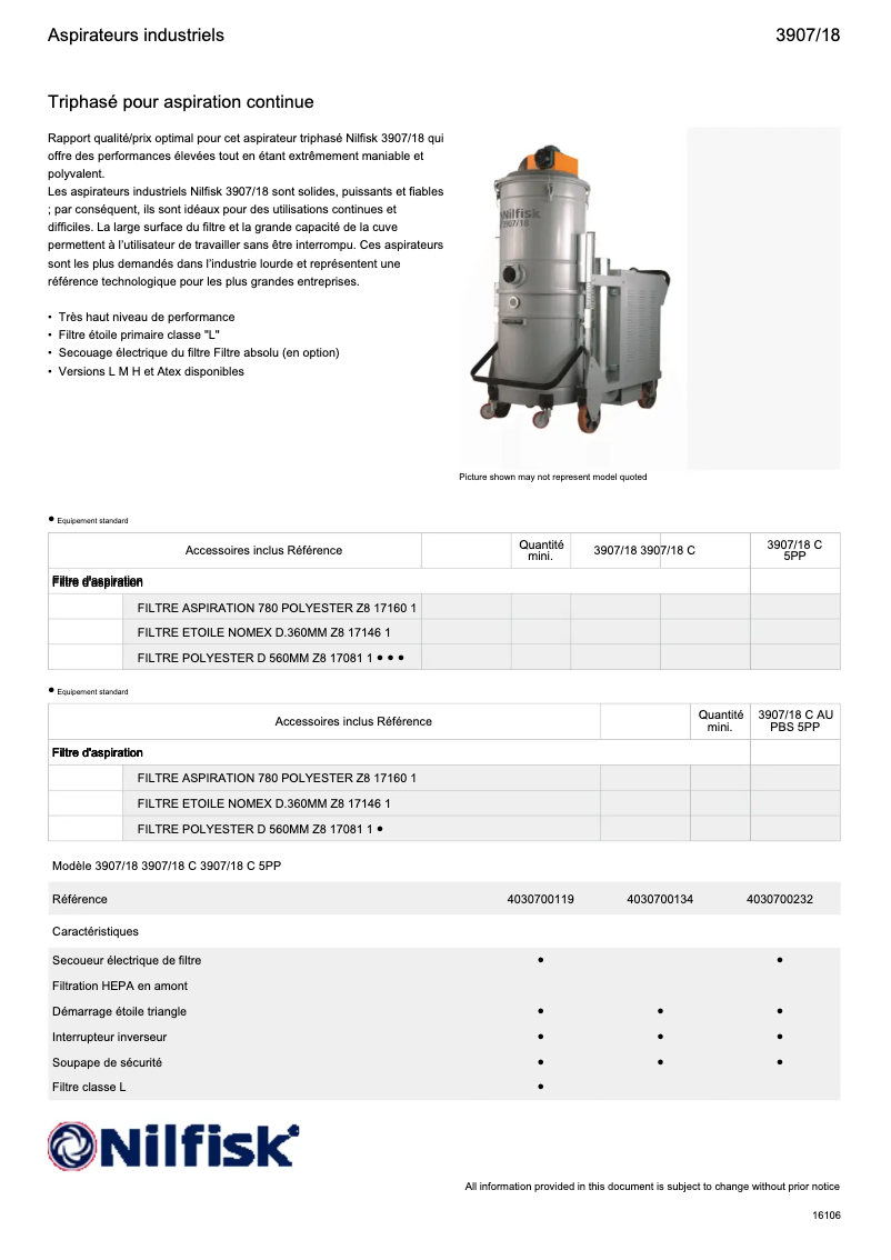 Página 1 del manual Ficha técnica Nilfisk 3907/18