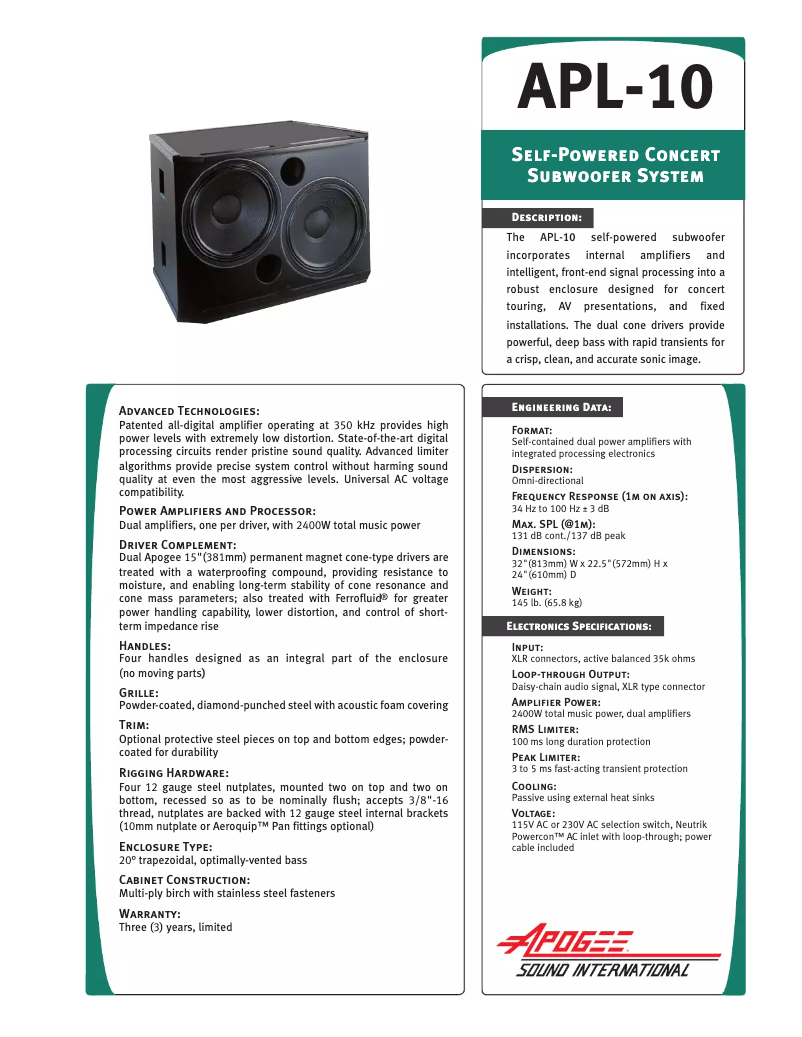 Page 1 de la notice Manuel utilisateur Bogen APL-10