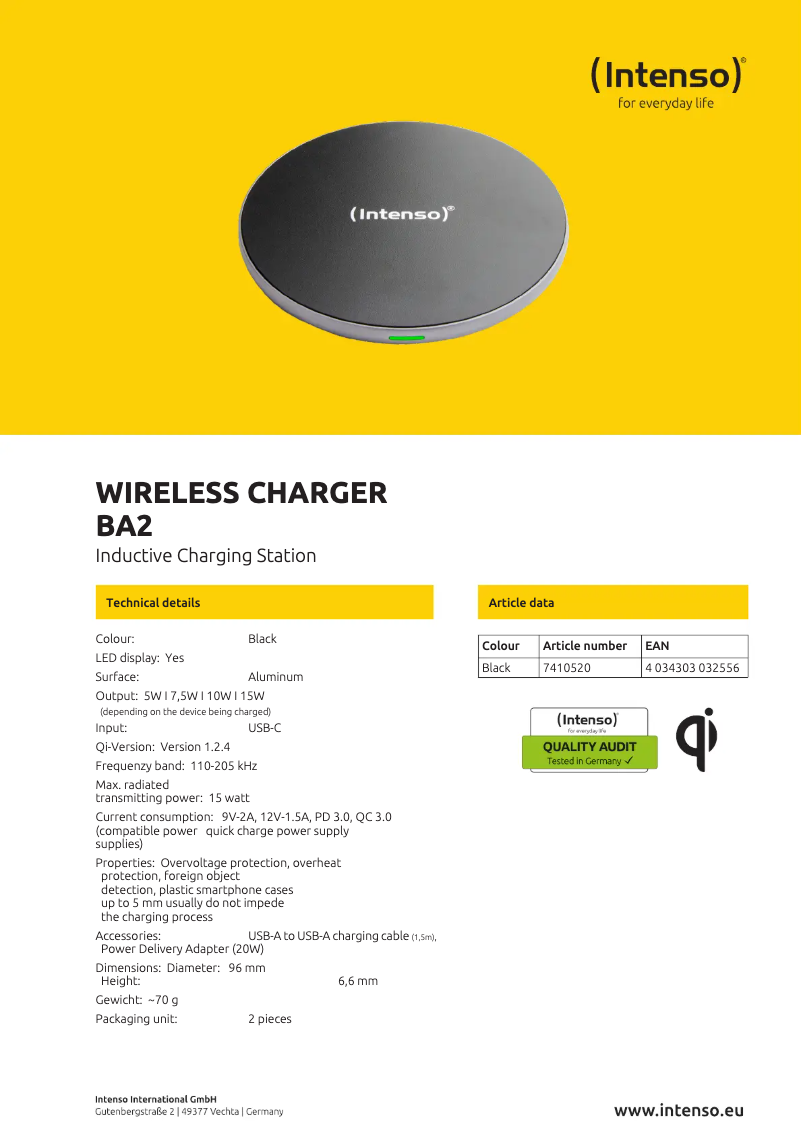 Page 1 de la notice Fiche technique Intenso BA2