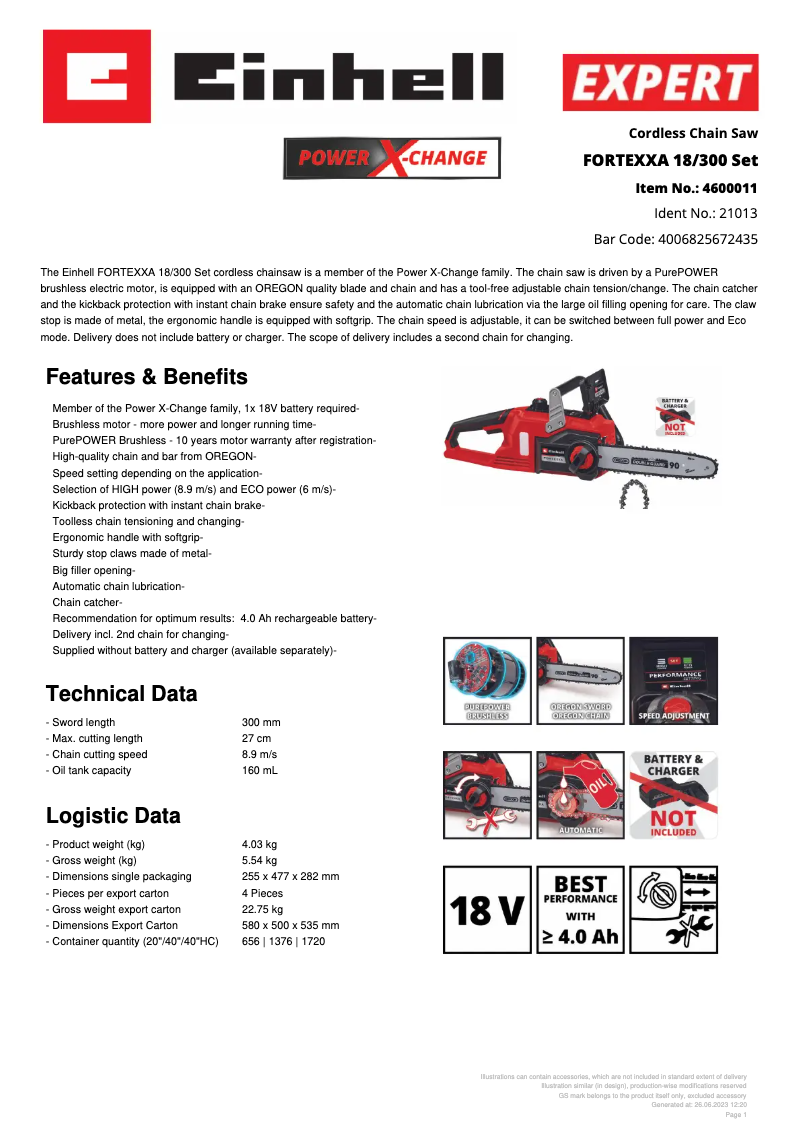 Page 1 de la notice Fiche technique Einhell FORTEXXA 18/300