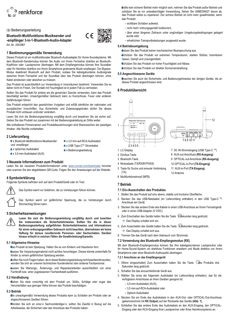 Page 1 de la notice Manuel utilisateur Renkforce RF-BTR-210