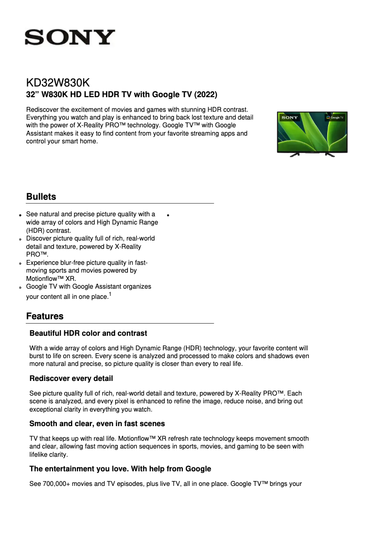 Página 1 del manual Ficha técnica Sony KD-32W830K