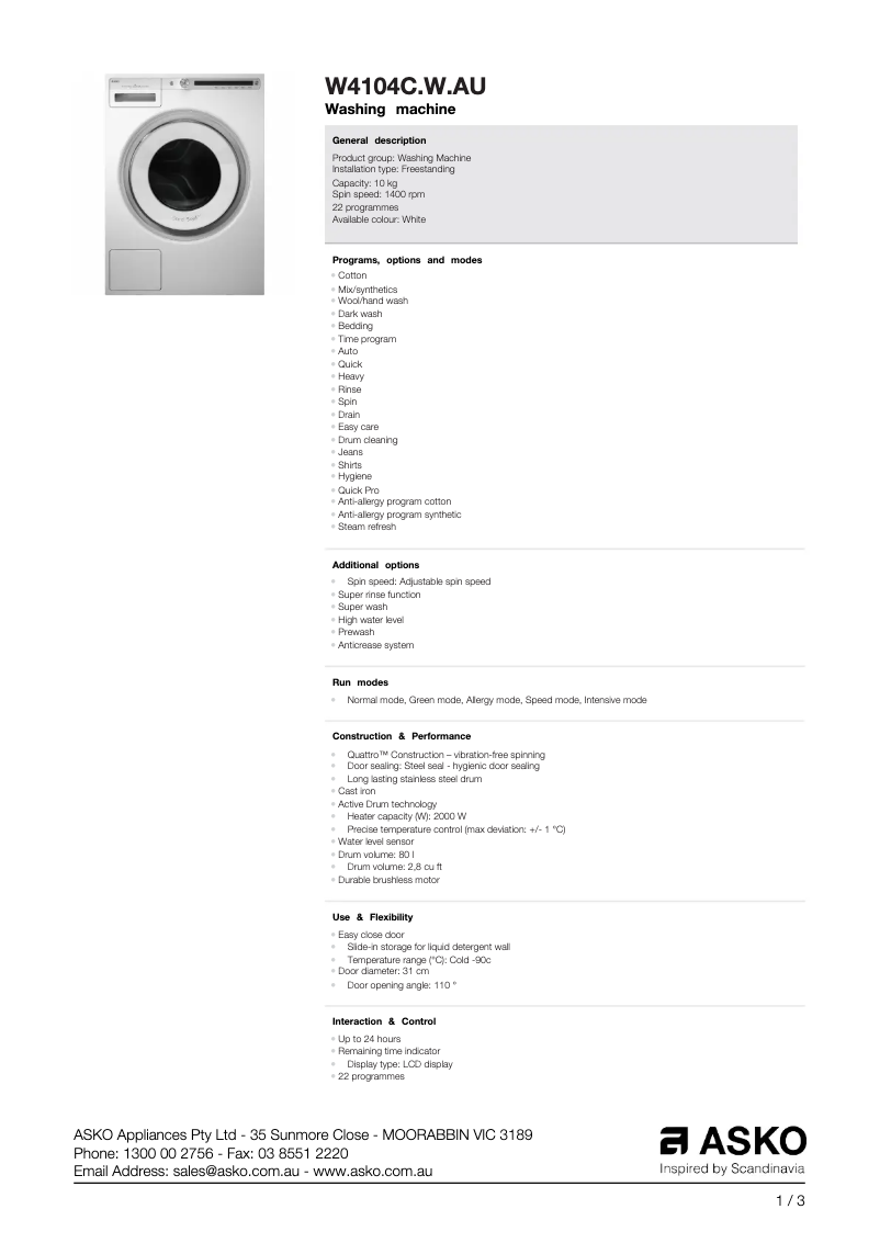 Image de la première page du manuel de l'appareil W4104C.W.AU