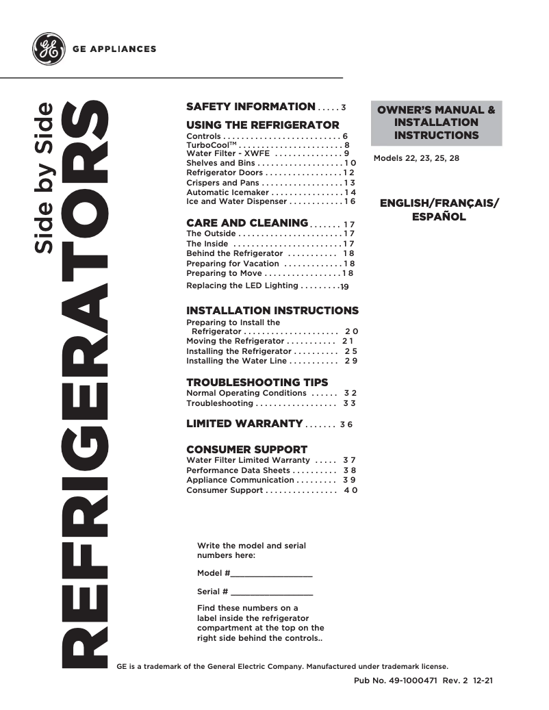 Page n°1 - Manuel d'utilisation et d'entretien GE GSS25GYPFS