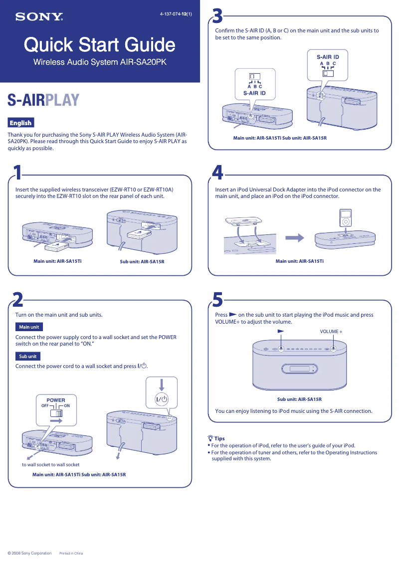 Page 1 de la notice Guide d'installation Sony AIR-SA20PK