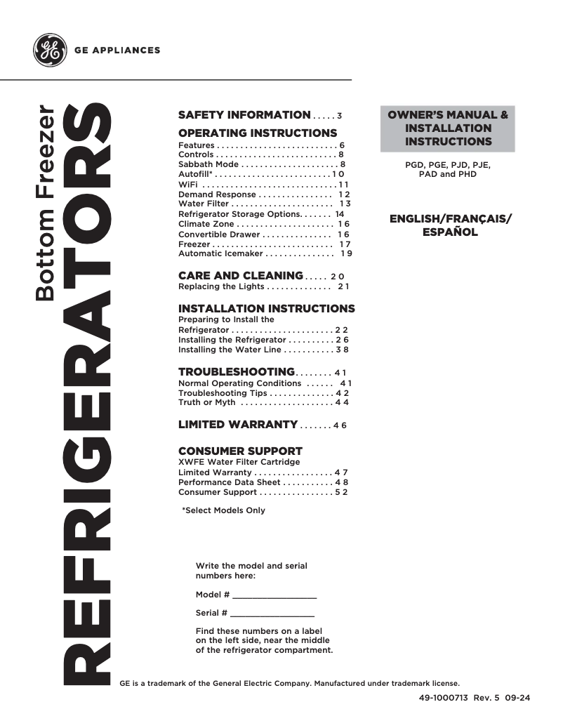 Page n°1 - Manuel d'utilisation et d'entretien GE PJD23BYWFS