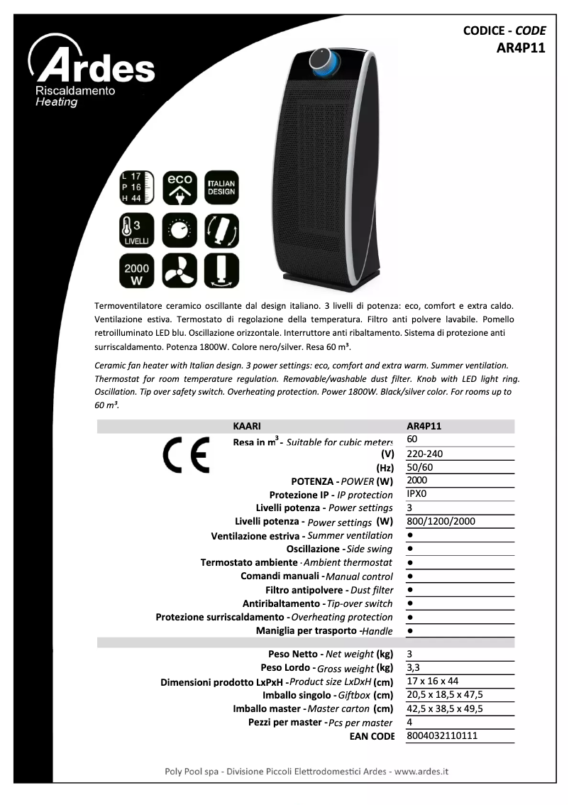 Page n°1 - Fiche technique Ardes AR4P11
