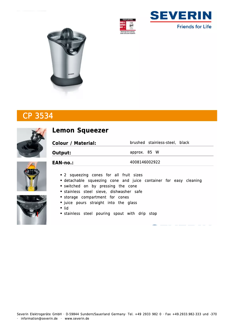 Page 1 de la notice Fiche technique Severin CP 3534