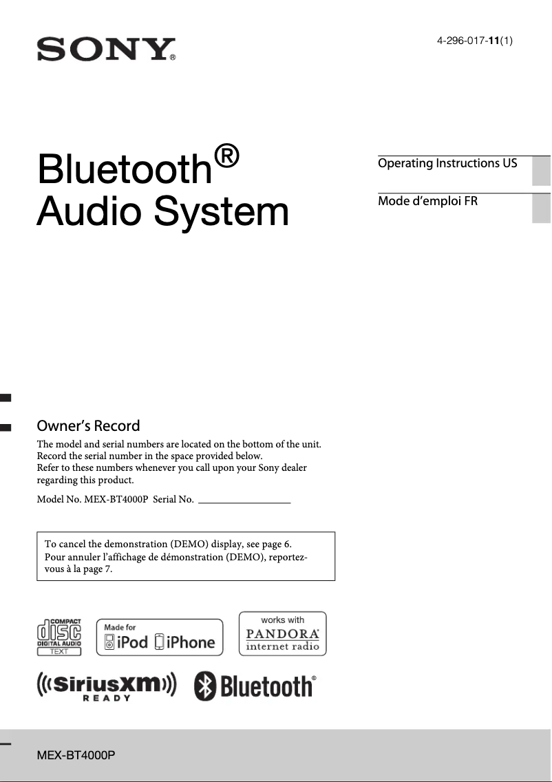 Page 1 de la notice Manuel utilisateur Sony MEX-BT4000P