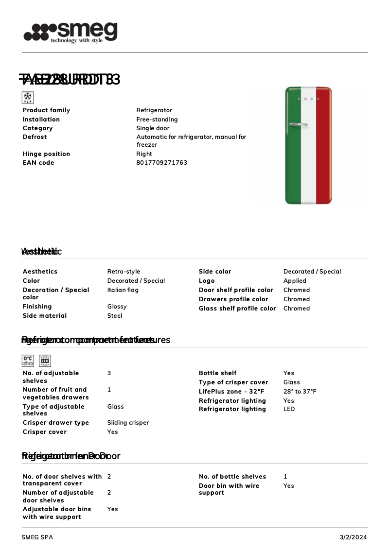 Page n°1 - Fiche technique Smeg FAB28URDIT3