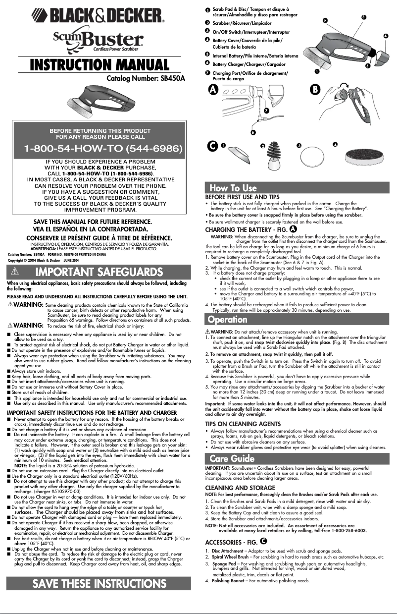 Page 1 de la notice Manuel utilisateur Black & Decker ScumBuster SB450A