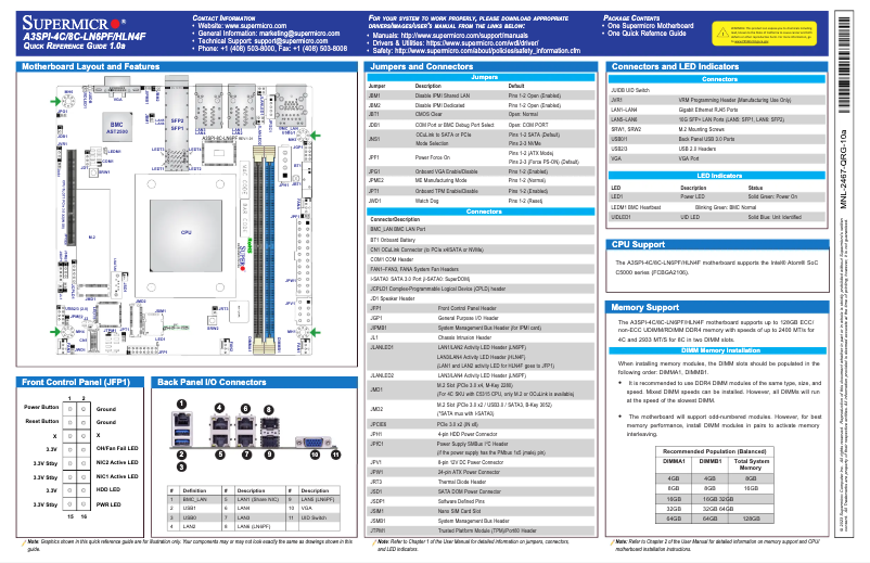 Page 1 de la notice Guide de démarrage rapide Supermicro A3SPI-4C-HLN4F