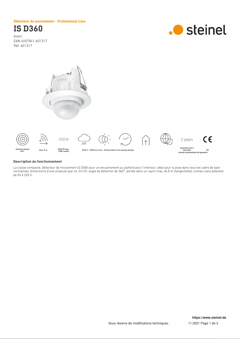 Page 1 de la notice Fiche technique Steinel IS D 360