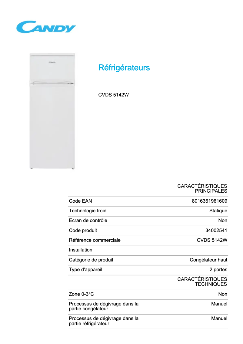 Page 1 de la notice Fiche technique Candy CVDS 5142W