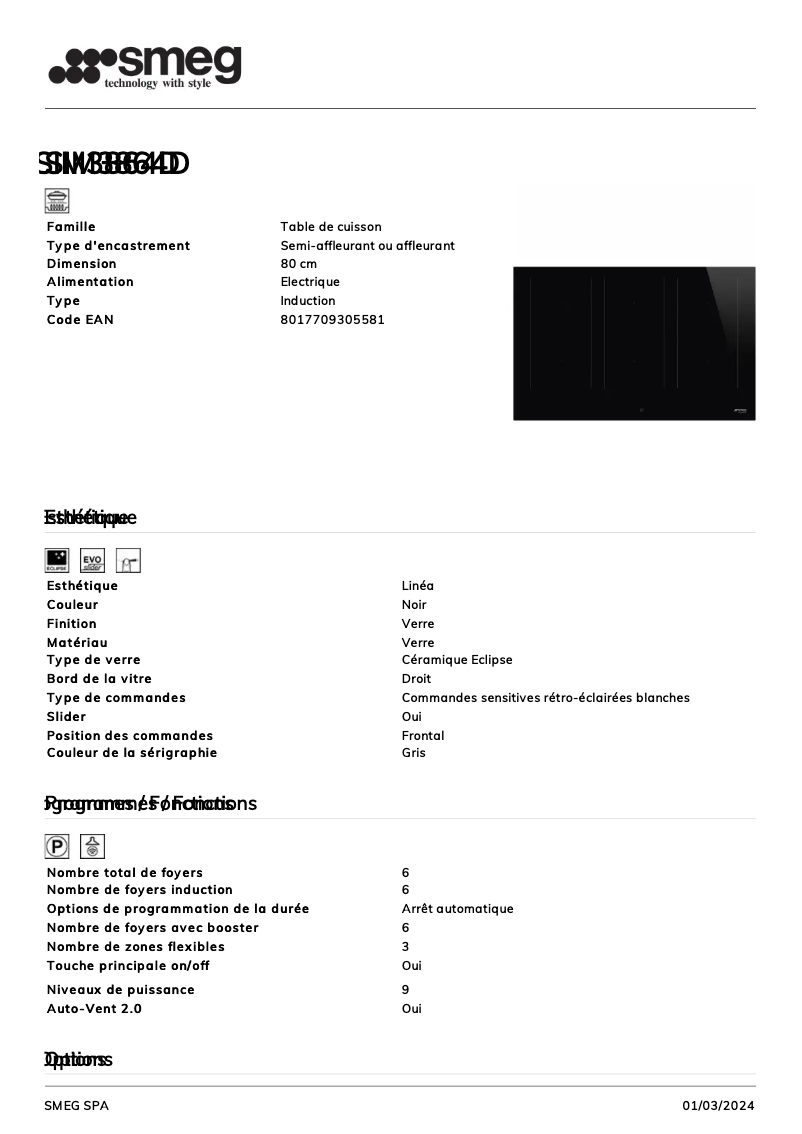 Page 1 de la notice Fiche technique Smeg SIM3864D