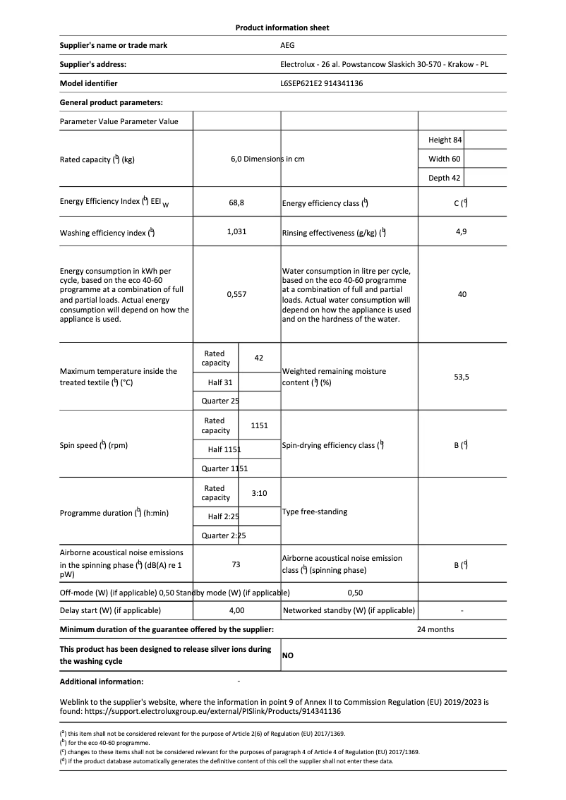 Page n°1 - Fiche technique AEG L6SEP621E2
