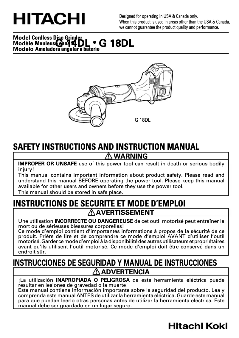Page 1 de la notice Manuel utilisateur Hitachi G 14DL