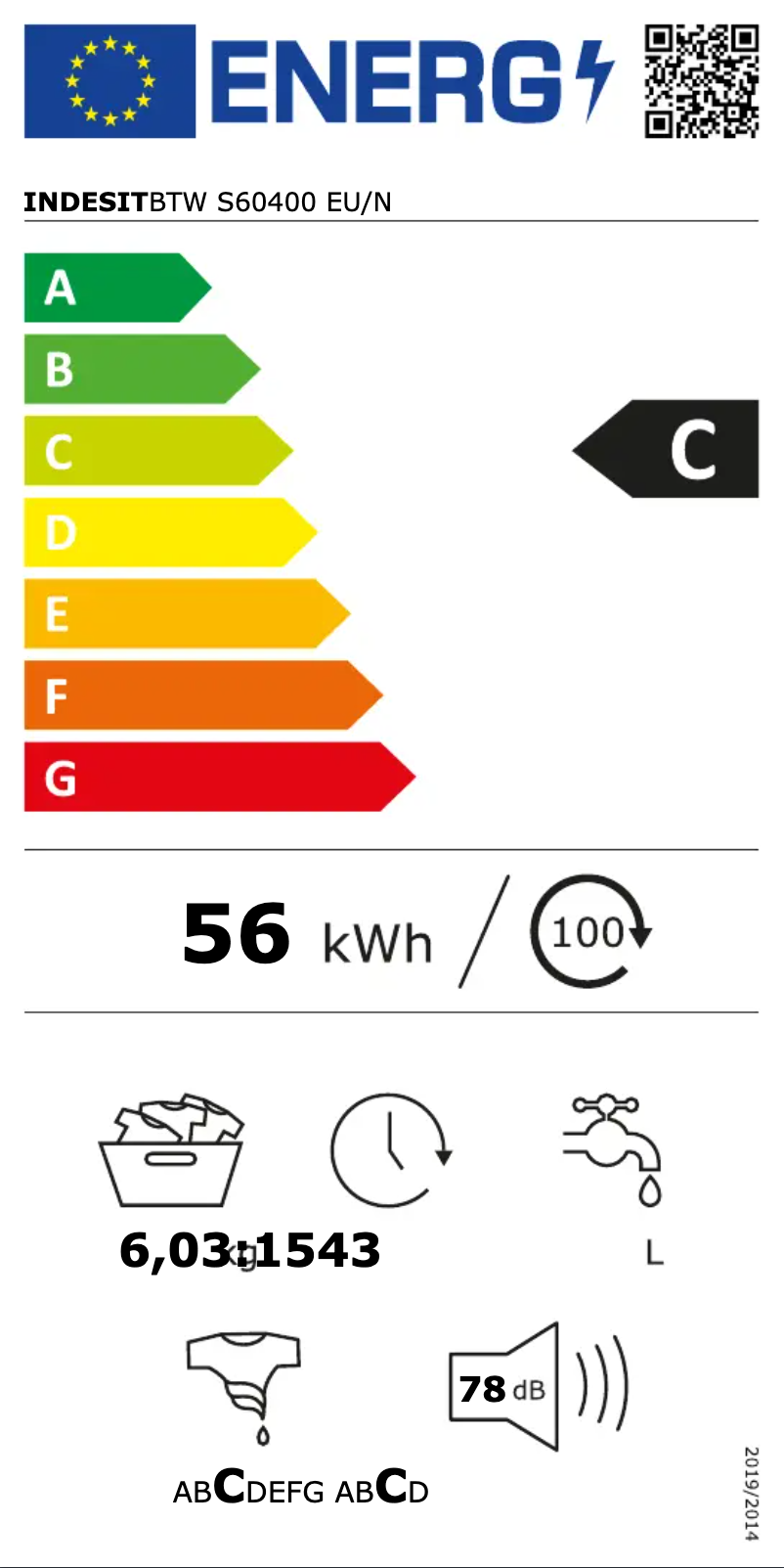 Page n°1 - Label énergétique Indesit BTW S60400 EU