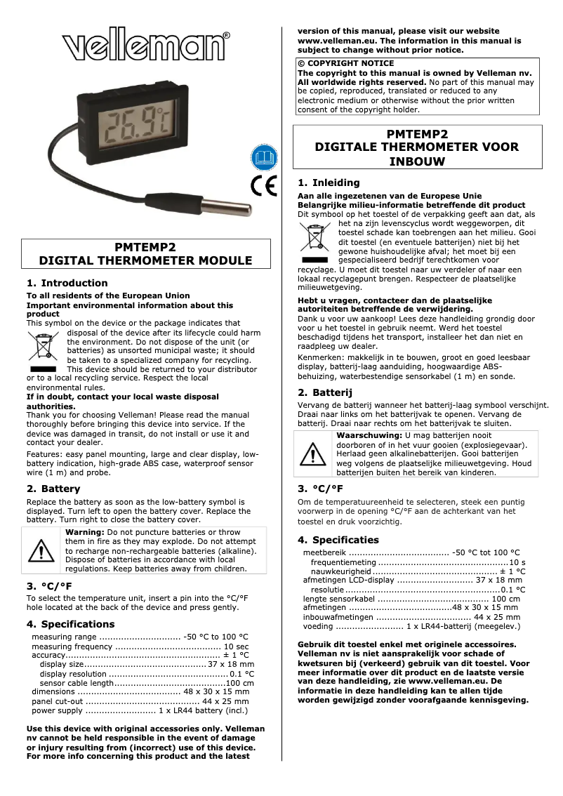Page 1 de la notice Manuel utilisateur Velleman PMTEMP2