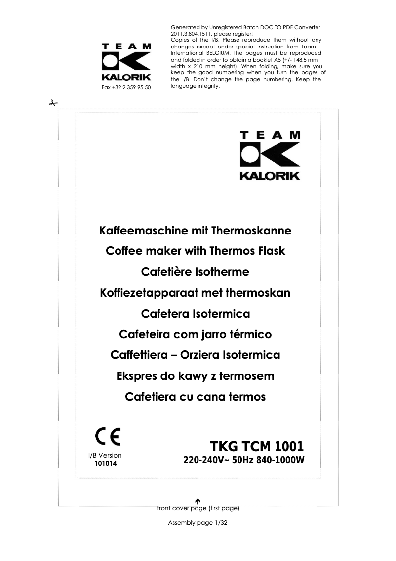 Page 1 de la notice Manuel utilisateur Kalorik TKG TCM 1001