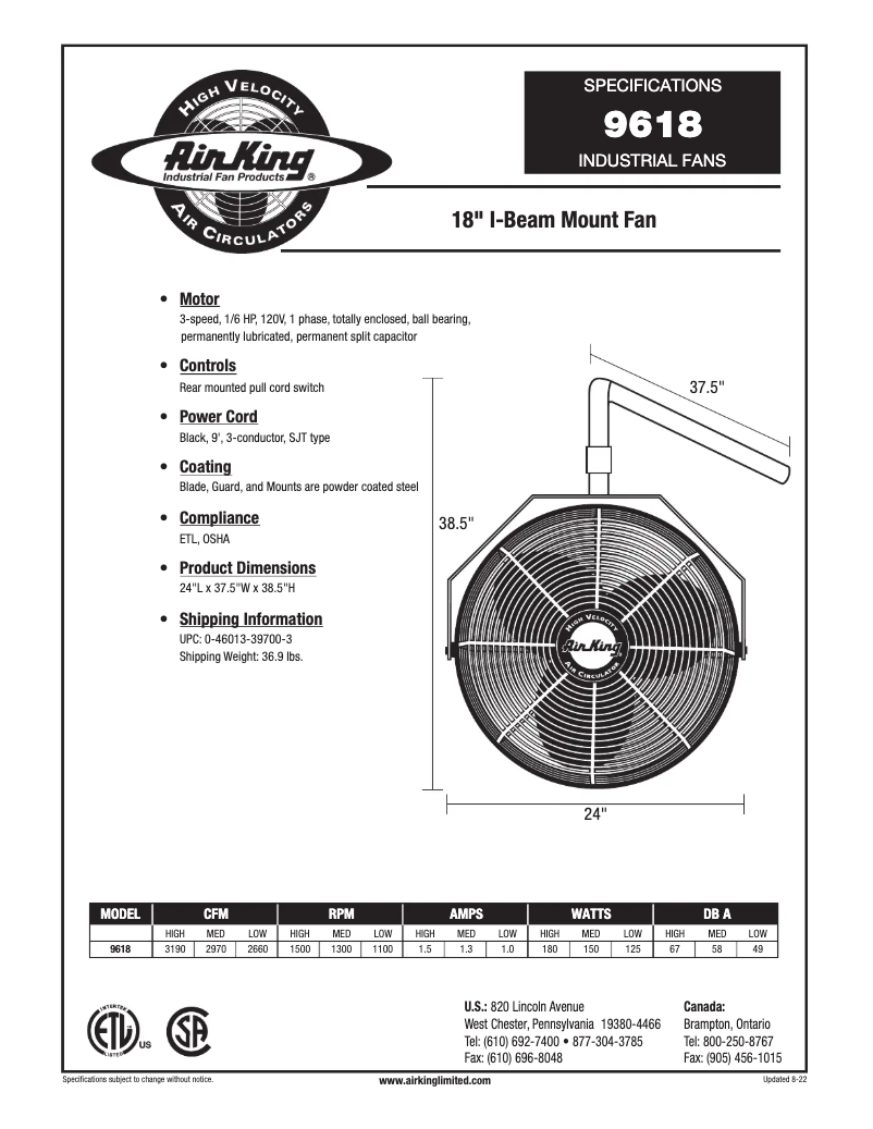 Page n°1 - Fiche technique Air King 9618
